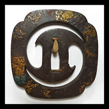 Tsuba Japanese Sword Guard Tomoe Crest Engraved Inlaying Openwork from Japan picture