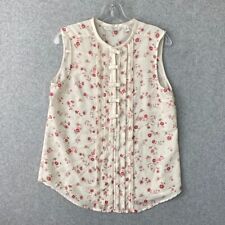 Lauren Conrad Top Womens M Ivory Pink Floral Bows Pleated Sleeveless Blouse picture