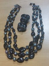 STUNNING VINTAGE ESTATE Black BEAD NECKLACE  EARRINGS SET Clip On 1950s MCM  picture