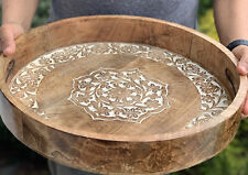 16 Inch Carved Rustic Round Tray Wood Serving Tray console tray Farmhouse Decor picture