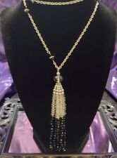 Vintage Silver, Clear & Black Bead Tassel Long Silver Tone Necklace - 34