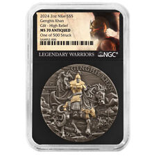 2024 $5 Niue Genghis Khan 2 oz High Relief Silver Antiqued and Gold Gilded NG... picture