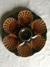 ANTIQUE FRENCH SARREGUEMINES MAJOLICA OYSTER PLATE SEA WEED SCALLOP SHELL BLACK picture