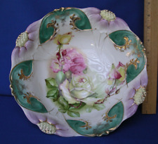 ANTIQUE RS PRUSSIA? SERVING MOLDED BOWL PINK ROSES GREEN GOLD Germany porcelain picture