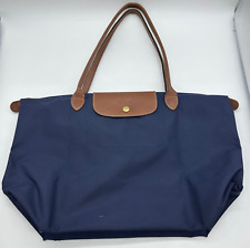 Longchamp Le Pliage Shoulder Bag Purse Blue Brown Leather Trim Zip Closure picture