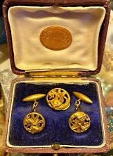BEAUTIFUL ANTIQUE SET OF FRENCH GOLD FIX CUFFLINKS + LAPEL PIN HANDMADE DRAGONS picture