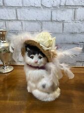 Vintage 50s Fancy Realistic Cat With Feathered Hat 9” Tall picture
