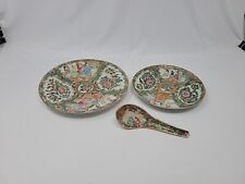 Set 3 Chinese Rose Medallion Hand Painted Porcelain Two Plates And Spoon picture