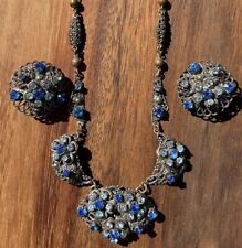 Vintage West Germany Filigree Necklace & Clip On Earrings Set Blue Rhinestones picture