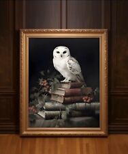 White Owl on Books Dark Academia Wall Art Vintage Winter Painting Cottagecore picture