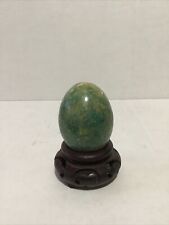 Vintage Alabaster Hand Carved Stone Egg Green Earth Tones Marble With Stand picture