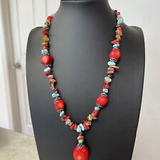 Vintage Chunky Real Coral Turquoise Tiger Eye Sterling Silver Pendant Necklace picture