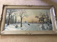 Nice Vintage Leopold Swider 24” By 48” Oil On Board Winter Theme Painting picture