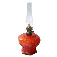 Antique Miniature Oil Lamp Red Satin Glass Puffy Embossed 9