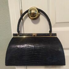 Vintage Bellestone Black Genuine Reptile Skin Leather Handbag w/ Gold Hardware picture