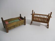 Vintage Shackman Dollhouse Wood Wooden Bed & Baby Cradle picture
