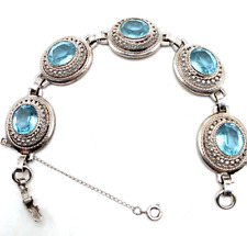 Vtg  Danecraft Sterling Silver Blue Glass Stone 7 In Link Bracelet w Safety picture