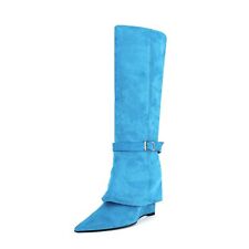 Elegant Women's Wedge Heels Solid Color Pointy Toe Suede Leather Knee High Boots picture