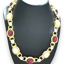 Vtg Rare Signed MONET Ruby Red and White Resin Cabochon Gold Tone Necklace 22