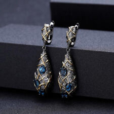 Stunning Solid Teardrop Oval Cut Blue Lab-Created Sapphires 935 Silver Earrings picture