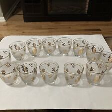 Vintage MCM Libbey Rocks Glasses Gold Leaves Frosted Cocktail Set Of 13 Barware picture