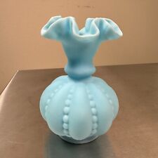 VTG Fenton Satin Powder Baby Blue Ruffled Melon Beaded Vase picture