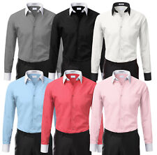 Men's Two Tone Italian Style Dress Shirt Stylish Contrast White Cuffs & Collar   picture