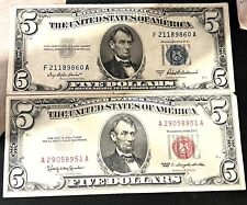 UNITED STATES $5 OLD CURRENCY 1963 + 1953 RED & BLUE SEAL OLD PAPER MONEY picture