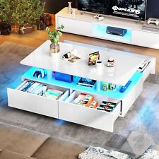 Modern White Coffee Table High Gloss with LED Light & Storage Drawer Living Room picture