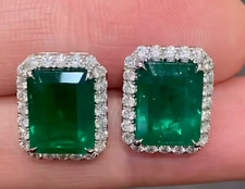 Zambian Emerald Studs Earring with Diamonds in 14K Solid Gold Mother's Day Gift picture