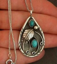 Silver Plated Inlaid Turquoise Vintage Dyed Retro Feather Pendant Necklace Gift picture