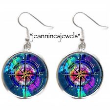 Compass Rose Earrings Vintage Celestial Map ART PRINT Silver Charm Dangle picture