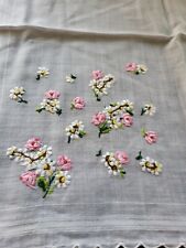 Heirloom Hand-Embroidered Madeira Floral Wedding Handkerchief Pink, White picture