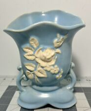 Vintage 1930s/1940s  Weller Pottery Sea Blue  7” Vase White Relief Cameo Rose picture