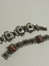 2Vintage Silver Tone Molded Glass Faux Pearl Chain Link Bracelet Fold Over Clasp picture