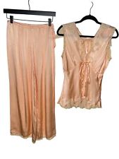 Vintage 30s 40s Pink Silk Pajama Lingerie Set Sleeveless Top Pants Lace Trim picture