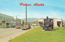 Palmer AK Alaska, Street View Old Cars Steam Locomotive, Vintage Postcard picture