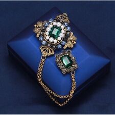 EMERALD GREEN FALL Color Brooch Pin Pearls Rhinestones Chain Cross Antique Style picture