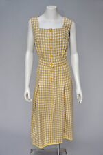 Vintage 1950s Yellow Grey Plaid Sleeveless Sundress Button Details Pleating L/XL picture