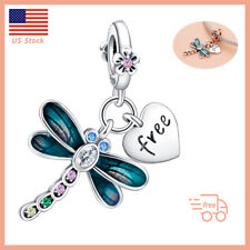 New Authentic Dragonfly Heart Dangle Charm 925 Sterling Silver Bracelet Charm picture