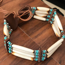 Buffalo Bone 4 Row Tribal Native American Choker Necklace Beaded Turquoise Stone picture