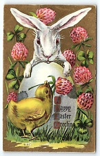c1910 HAPPY EASTER BUNNY RABBIT BABY CHICK EGG FLOWERS EMBOSSED POSTCARD P2492 picture