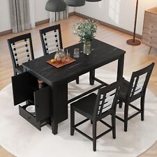 5-piece Solid Wood Dining Table Set W/ Marble Tabletop with Storage Cabinet picture