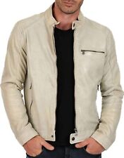 Men's Elegant Look Genuine NAPA Beige Leather Jacket Cafe Racer 100% Party Coat picture