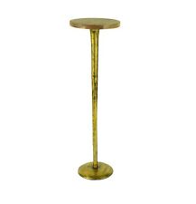Slim Antiqued Brass Metal Accent Table Modern Wood Top Drink Stand Cocktail picture