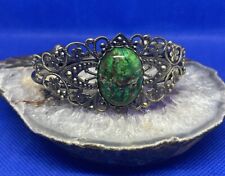 Vintage~ Silver~ Metal~ Filigree~ Vibrant Green Stone~ Cuff Bracelet~ Beautiful picture
