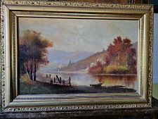 19th Century Antique Oil Painting River Bank Framed 27.5x19.5