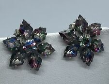 Vintage Mid Century Rainbow Iris Arc Crystal Snowflake Silvertone Clip Earrings picture