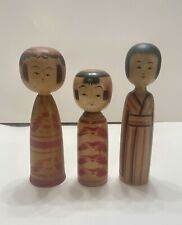 Lot Of 3 Vintage Wooden Japanese Kokeshi Doll Tallest 7 1/2” Tall Signed picture