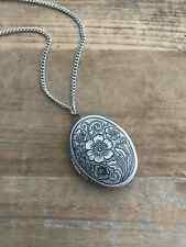 Antique Silver Picture Locket Necklace Pendant - Engraved Floral - Ball Chain picture